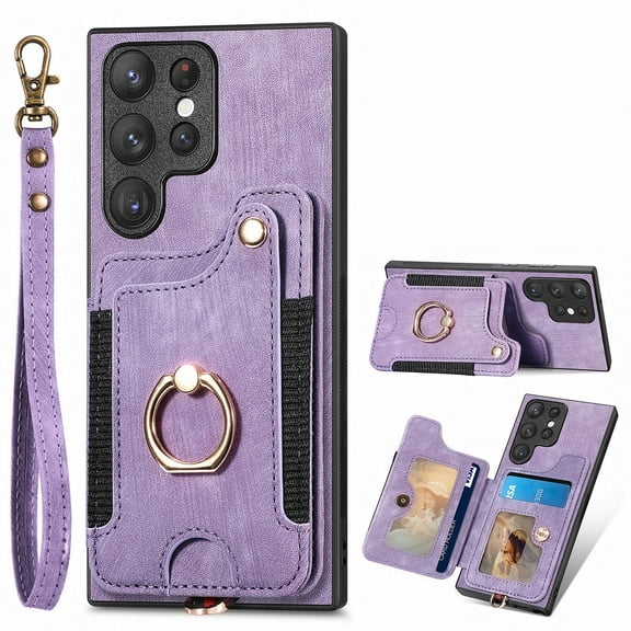Allytech Galaxy S22 Ultra Case Wallet, RFID Blocking Multiple Cards Slots Ring Holder Stand Shockproof Protective Hand Wrist Wallet Case Cover for Samsung Galaxy S22 Ultra - Purple