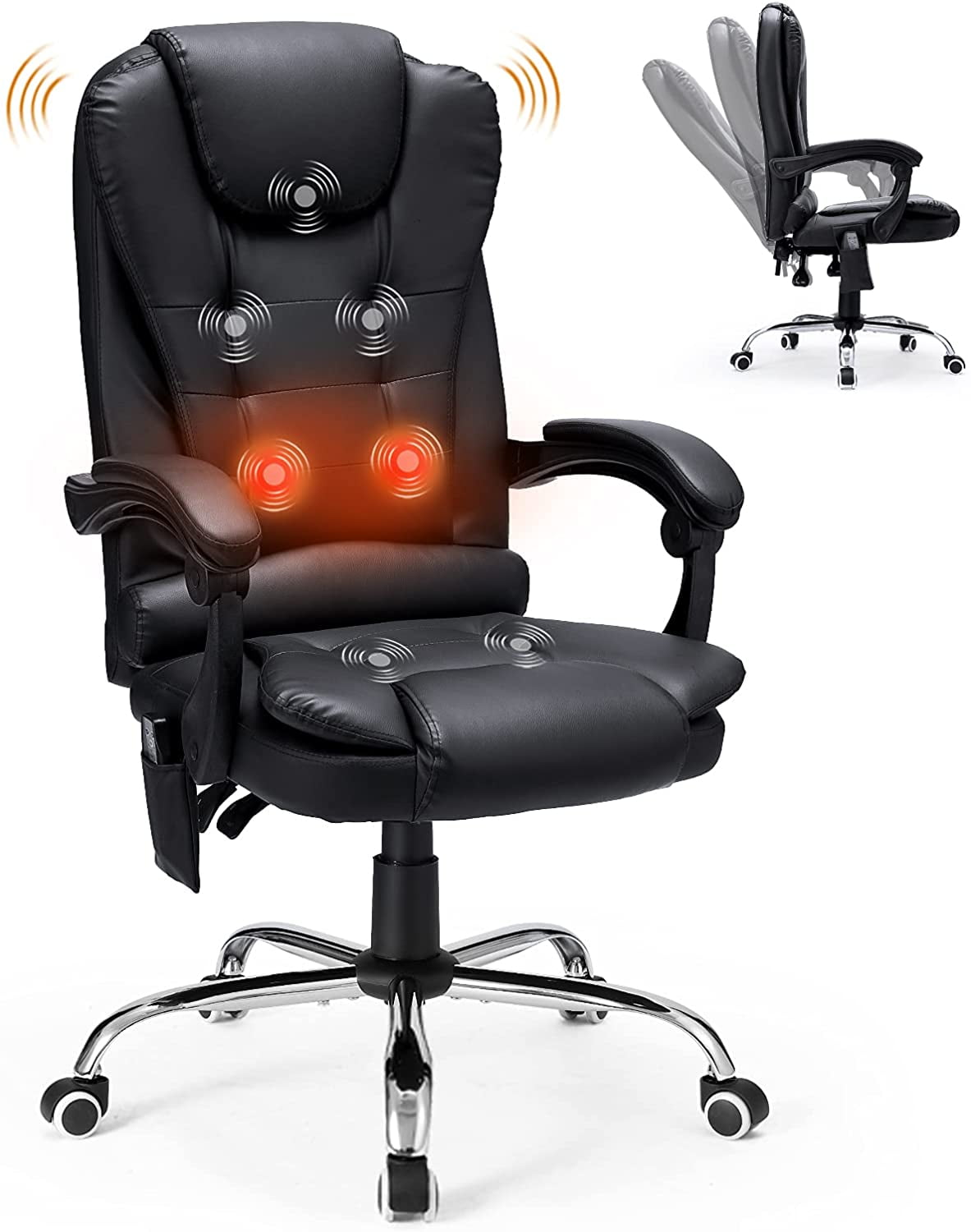 Heated Executive Computer Chair Black, Black Leather Massage Office Chair