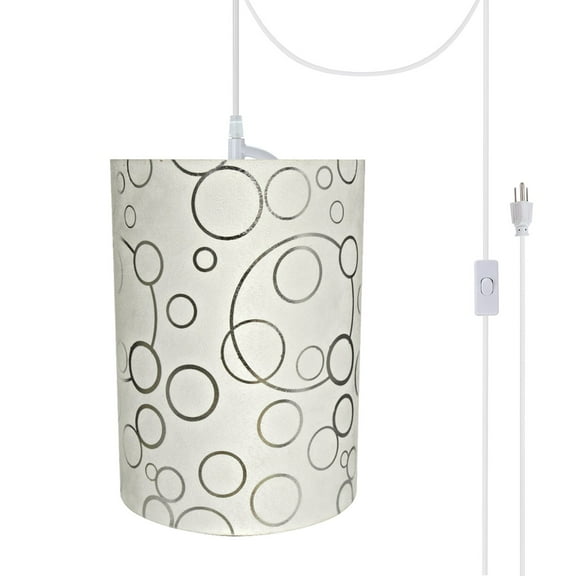 Aspen Creative 71114-21 One-Light Plug-In Swag Pendant Light Conversion Kit with Transitional Drum Fabric Lamp Shade, White, 8" width
