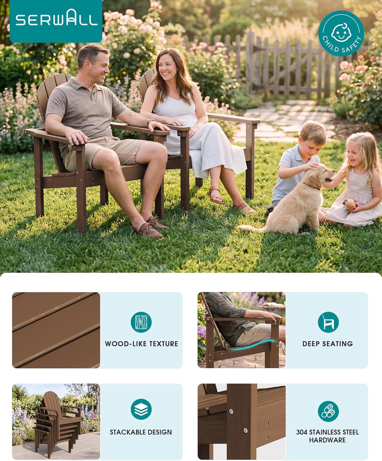 ZJTER Stackable Modern Adirondack Chair, HDPE Outdoor Patio Chair with Space-Saving Design, All-Weather Fire Pit Chair with Widened Seat for Deck, Backyard, Garden, Lawn (Brown)