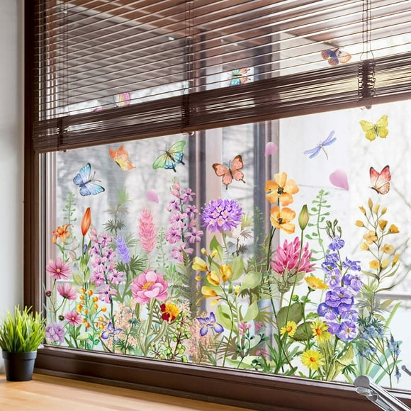 Clearance Sale - Flower Garden Window Stickers, Wildflower Grass Window Wall Decals, Lily Peony Poppy Floral Window Stickers for Bedroom Living Room TV Office Decor Home Decorations