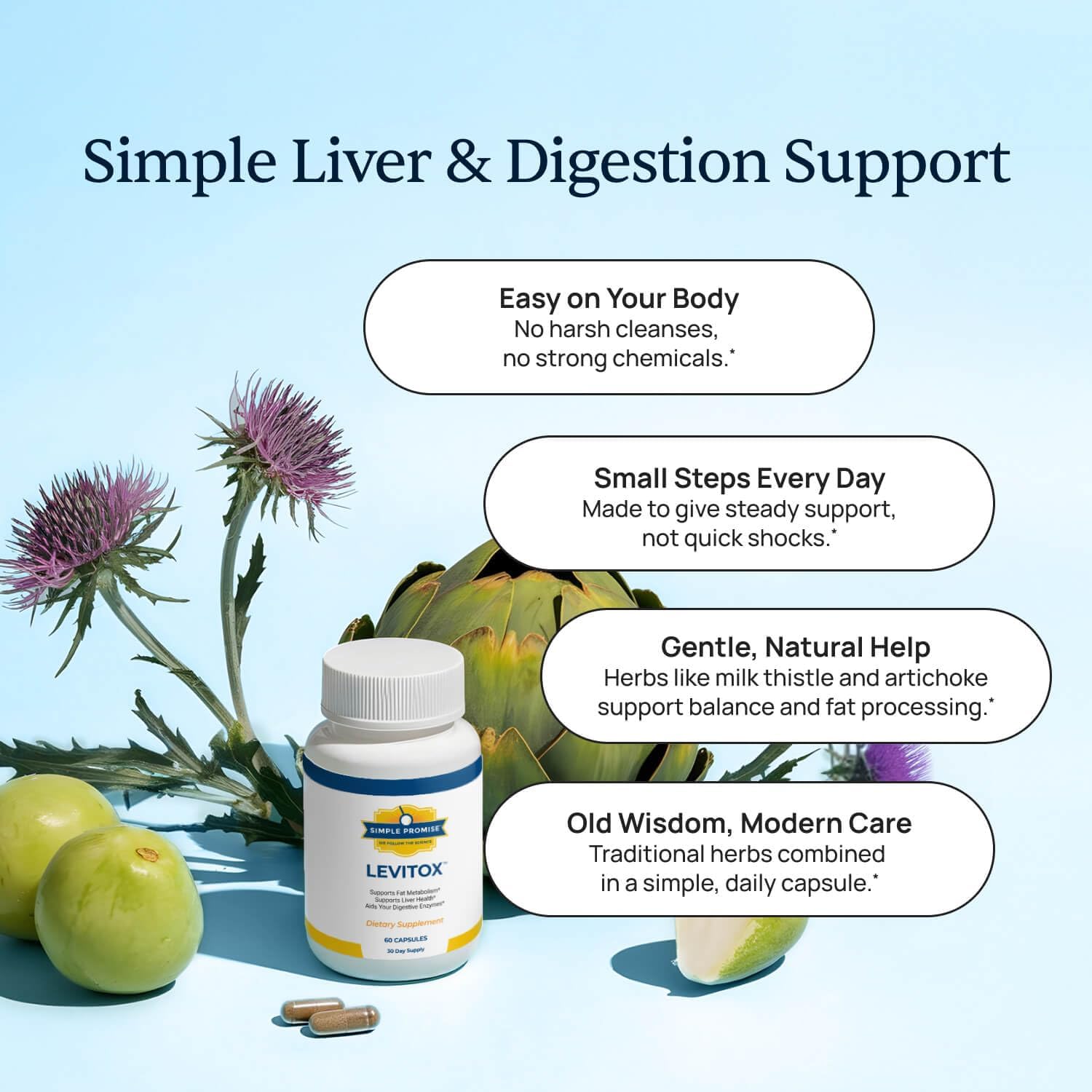 Simple Promise Levitox - Milk Thistle Supplement with Dandelion Root & Artichoke Extract, 60 Capsules