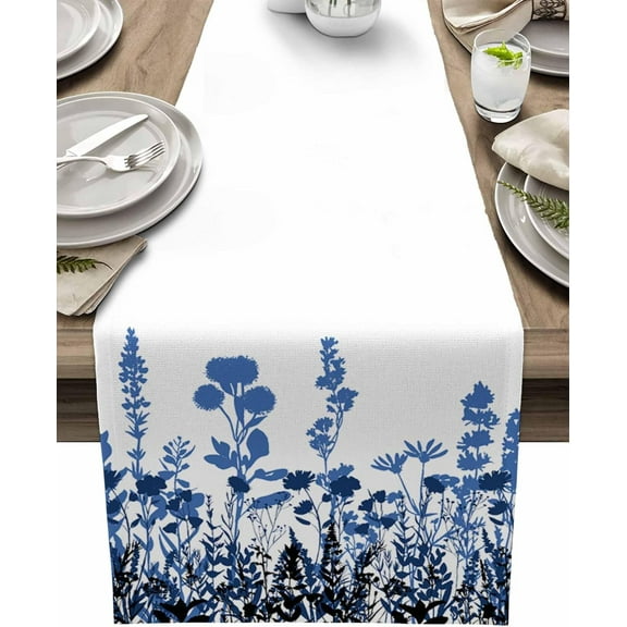 Table Runners 71 Inches Long Blue Flower Cotton Linens Party Coffee Table Runner Cloth for Wedding Dinning Holiday Retro Flower Spring Summer Washable Table Dressers Scarves Decor,13" Wide