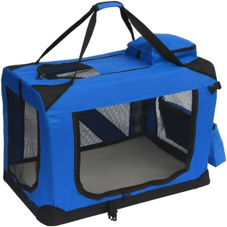 ALEKO PCBLUE02L Large Collapsible Pet Carrier Heavy Duty Portable Pet Home Spacious Traveler with Soft Cozy Insert Mat, Blue