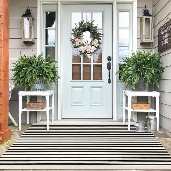 RLESO Black Beige Striped Rug -4’X6’ Front Door Rugs Outdoor, Washable Area Rug for Double Front Porch, Large Patio Rug Outdoor Indoor, Doormat for Entryway Porch Entrance