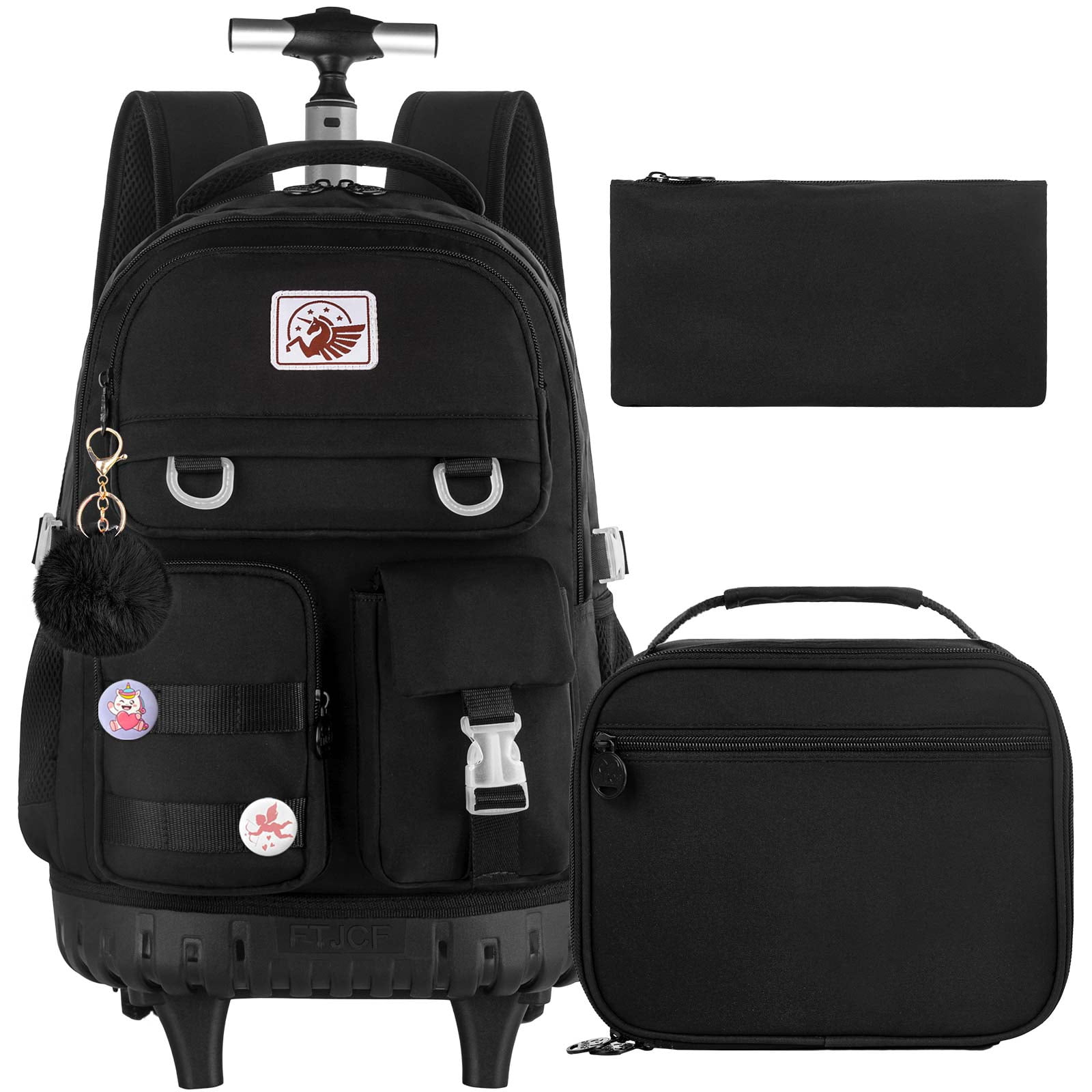 AGSDON Rolling Backpack for Girls Women, 21 inch Roller Wheels School Bookbag, Wheeled Suitcase Backpacks with Lunch Bag for Teen - Black