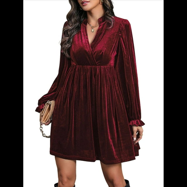 Vestido Elegante Retro Corto Holgado con Escote en V y Larga de Terciopelo de Color Liso para Mujer, Ropa de Moda para Otoño e Invierno. Vino Tinto L