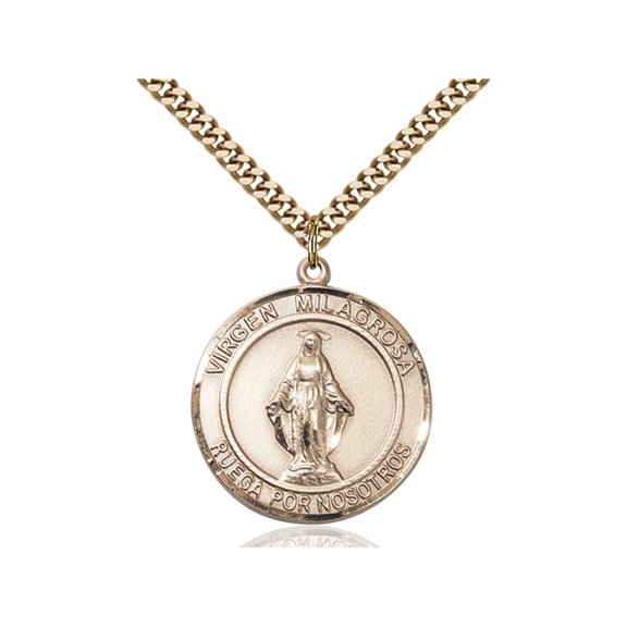Gold Filled Virgen Milagrosa Pendant 1 x 5/8 inches with Heavy Curb Chain