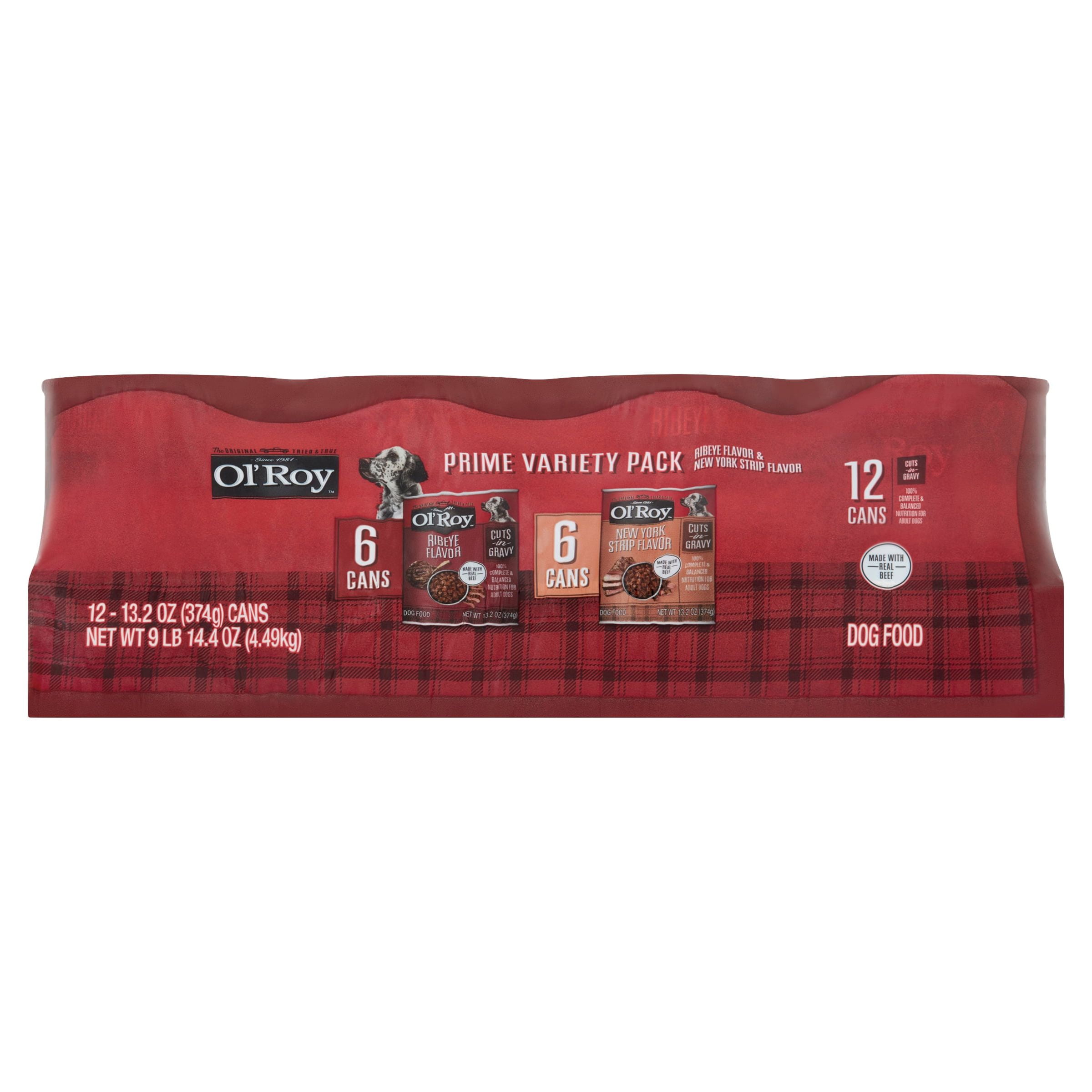 (2 pack) Ol' Roy Ribeye Flavor and New York Strip Flavor Cuts in Gravy Wet Dog Food Prime Variety Pack, 13.2 oz Cans, 12 Count