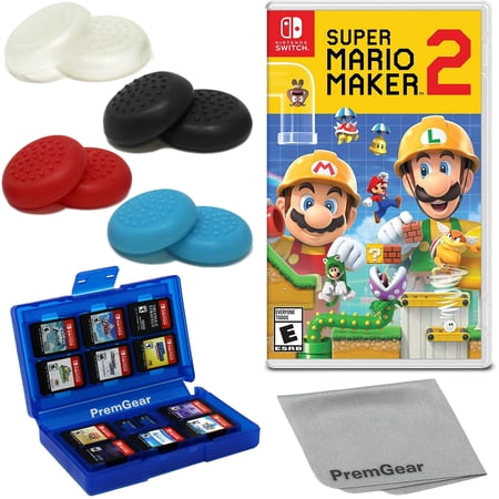 Super Mario Maker 2 for Nintendo Switch (US Version) with PremGear Thumb Grips (8 pack - 2 Black 2 Blue 2 Red & 2 Clear) 24 Slot Game Card Holder & Cleaning Cloth