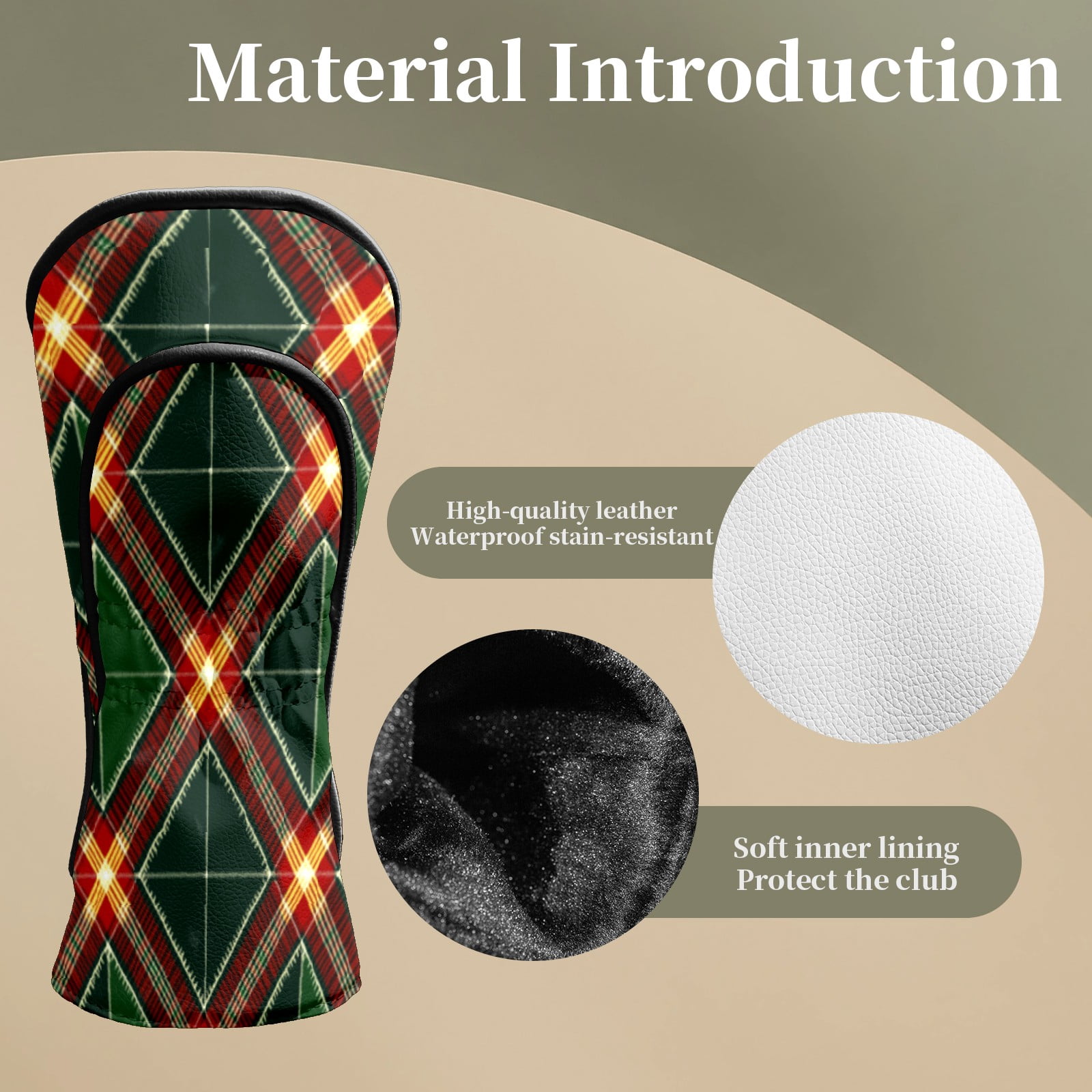 Golf Head Covers for Woods and Driver Waterproof Leather Golf Club Head Covers for Women Men Golf Driver Fairway Wood Headcover Green Argyle Seamless Design