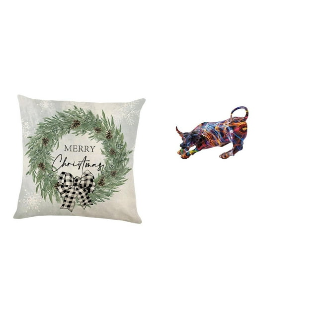 Funda de almohada,Funda de almohada navideña 2023 de 18 x 18 pulgadas,suave para interiores,Estatua de toro de resina,Pintura Resina Toro Estatua Escultura Inicio,Figuras de animales de toro