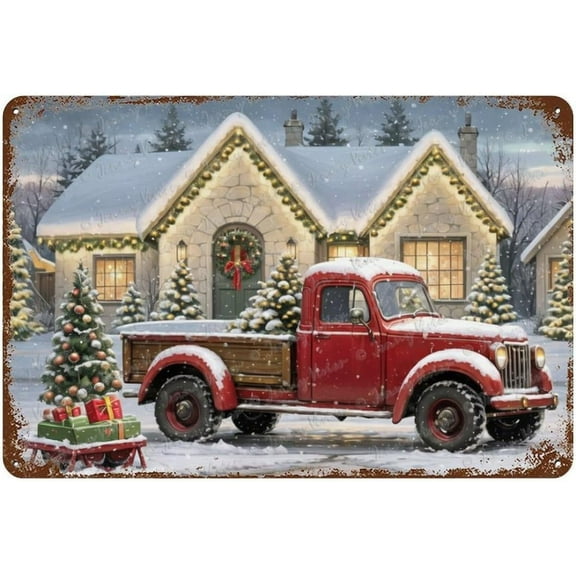 Funny Tin Sign, Red Truck Lovers Gift, Christmas Decorative Metal Sign for Party Home Office Coffee Bar Club Man Cave Wall Decor, Vintage Farmhouse Tin Sign 12x8 inches