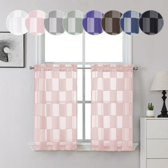 OVZME Barry 36 inch Blush Pink Curtains Sheer Tiers 2PCS Clip Checkered Short Sheer Curtains for Window Farmhouse Textured Light Filtering Curtains Soft Airy for Bathroom Dual Rod Pocket 28Wx36L