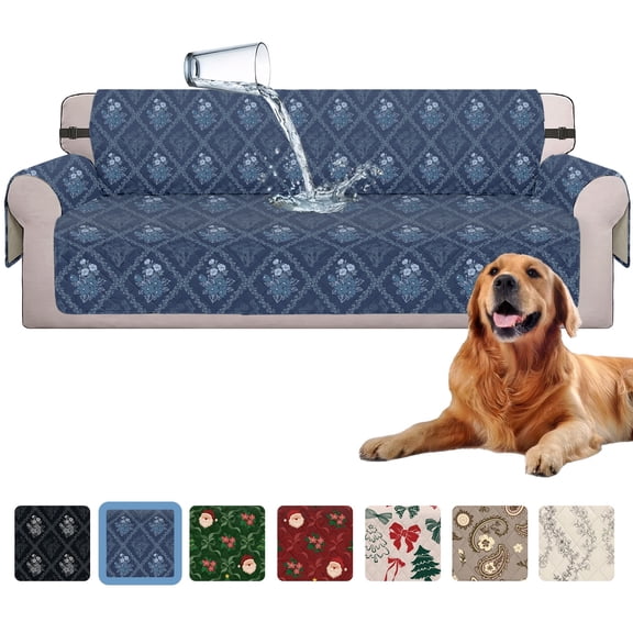 Sanmadrola Waterproof Sofa Cover Slipcover Couch Cover Furniture Protector Machine Washable Non Slip Leakproof with Straps for Dogs Kids Pets Navy Blue Flower Sofa