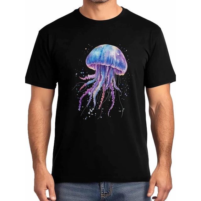 Camiseta de manga corta con medusas moradas ombré para hombre, cuello redondo, vida marina costera, color negro-S