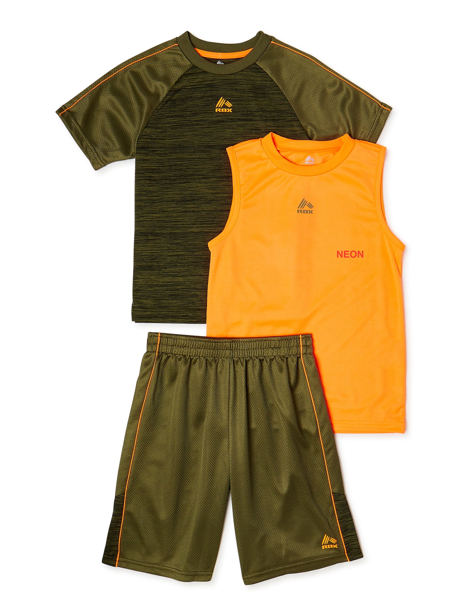 RBX Boys Space Dye Tank, Shirt, Shorts 3-Piece Performance Sets, Sizes ...