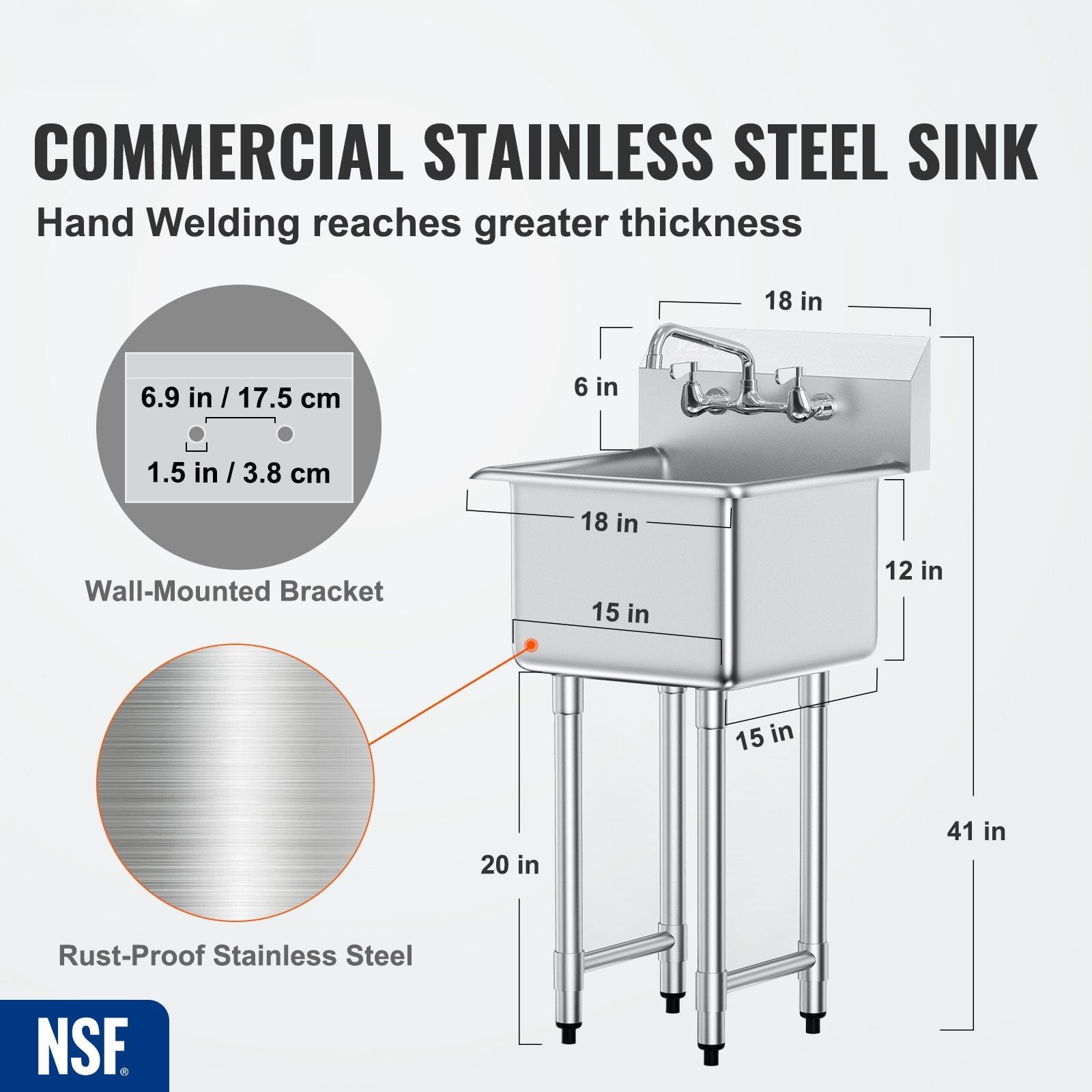 Stainless Steel Utility Sink with Faucet & Legs, 18x41 Inch Single Bowl, NSF Certified for Kitchen, Garage, Laundry – Commercial Grade