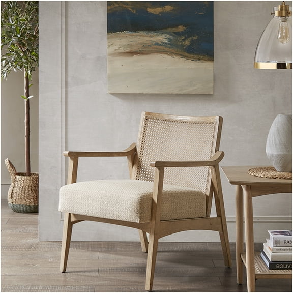 JERFIT Mid-Century Modern Accent Chair with Cane Back, Upholstered Lounge Chair for Living Room, Light Brown Polyester Fabric