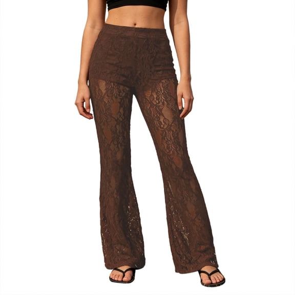 REDARER Womens High Waist Lace Flare Pants Sheer See-Through Casual Party Trousers,XL