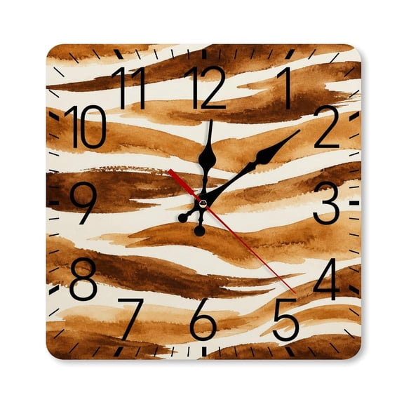RKSupls 10×10inch Square Silent Wall Clock Wooden Frame, Brown Watercolor Tiger Stripe Scale Decorative Clock for Home Bedroom Living Room Office