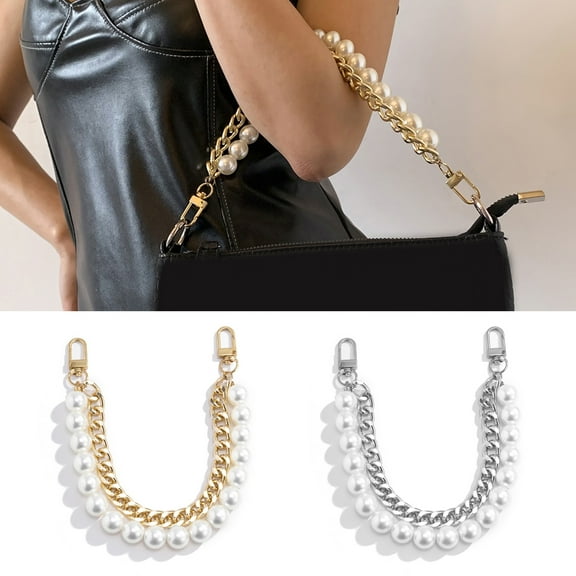 Oiur Bag Chain Replacement Handles with Clips Double-layered Faux Pearl Thick Chain Shoulder Bag Decoration Strap Detachable Handbag DIY Chain Craft Accessory,Silver