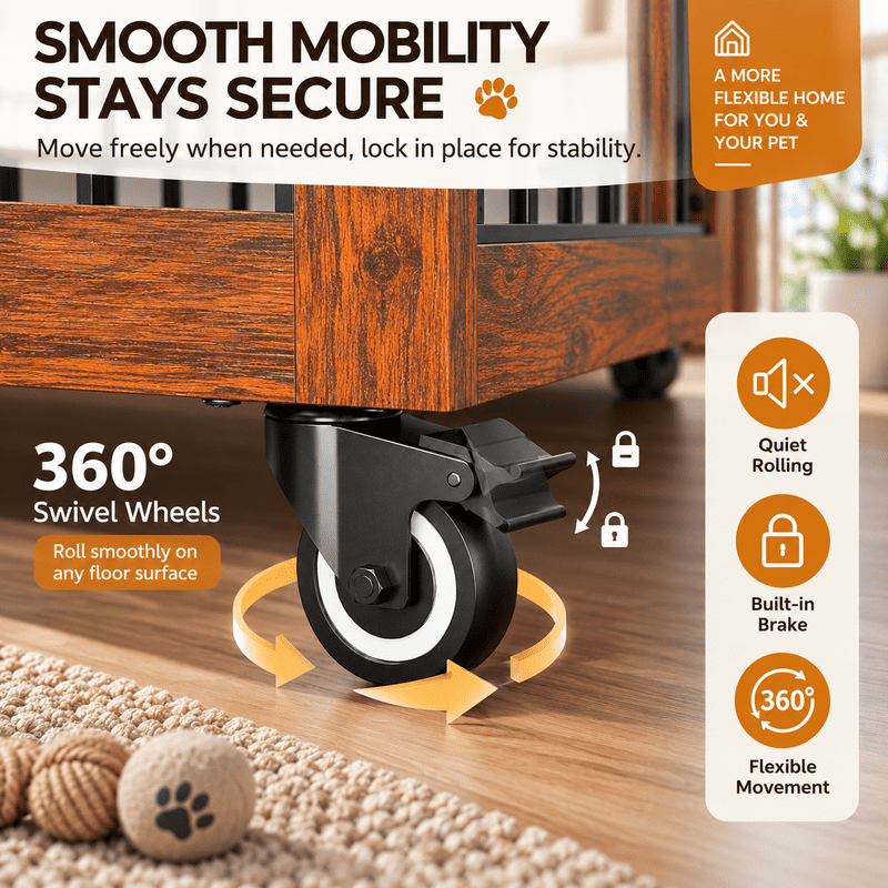 46" Large Dog Crate Furniture, Double Door Wooden Dog Kennel with Removable Curtain, Lockable Caster Wheels, Indoor Pet Cage End Table for Extra Large Dogs