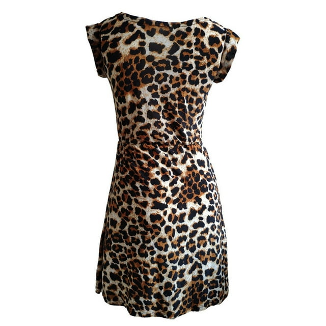 Fridja Robe Léopard Décontractée à Manches Courtes Col Rond Extensible Style Robe Moulante pour Femmes