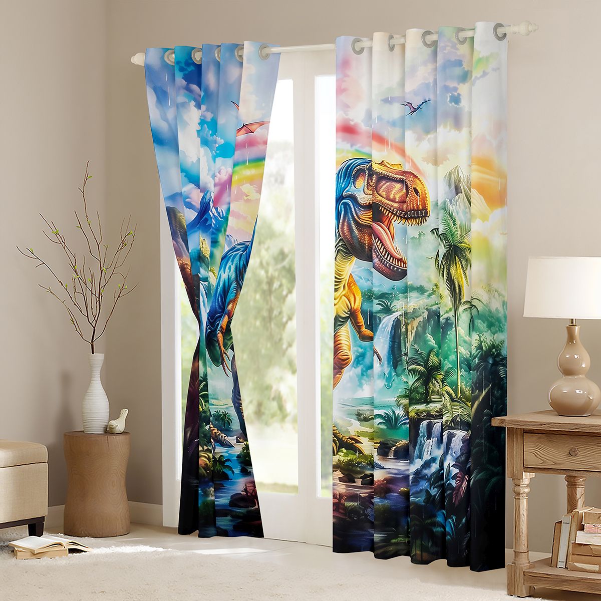 Manfei Ancient Dinosaur Black Out Curtains,Tropical Botanical Coconut Curtains Pack of 2 (42x63 Each),Rainbow Print Bedroom Curtains For Kids,Microfiber Bedroom Decor