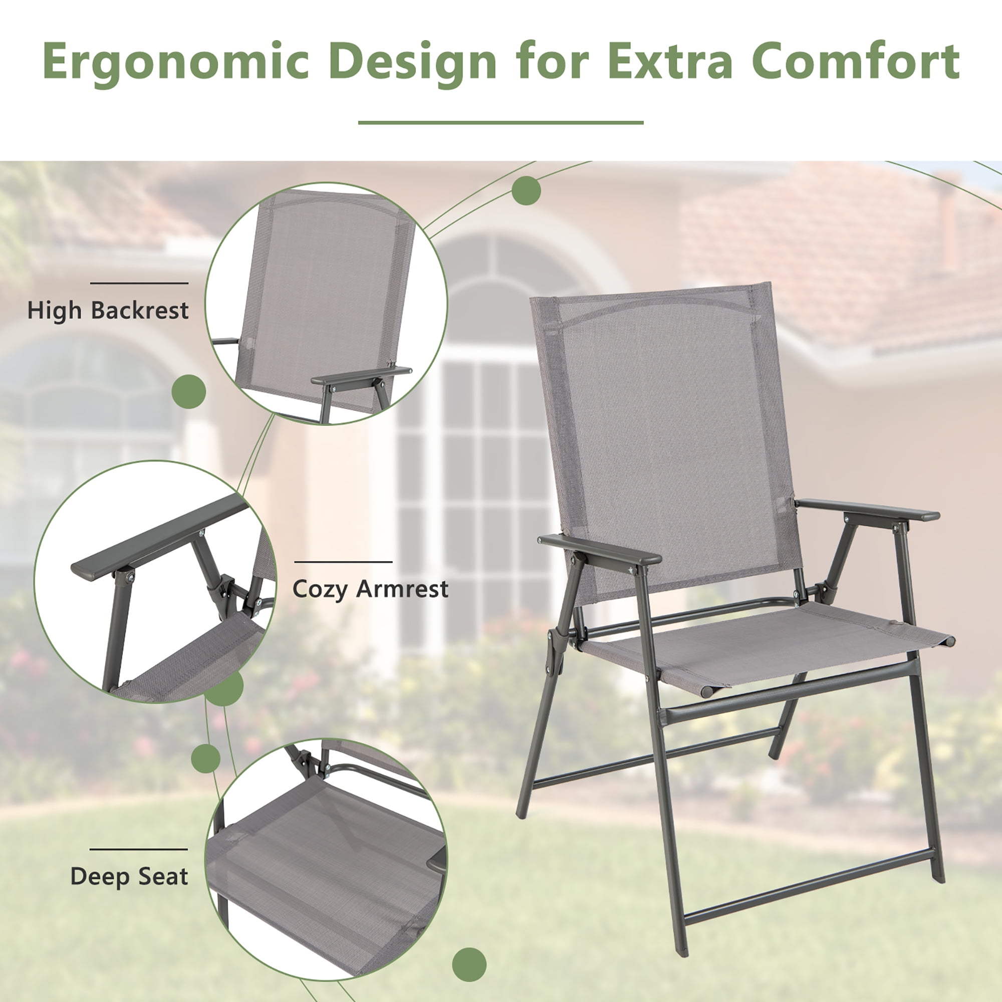 Costway 4pcs Patio Folding Portable Dining Chairs Metal Frame Armrests Outdoor Grey