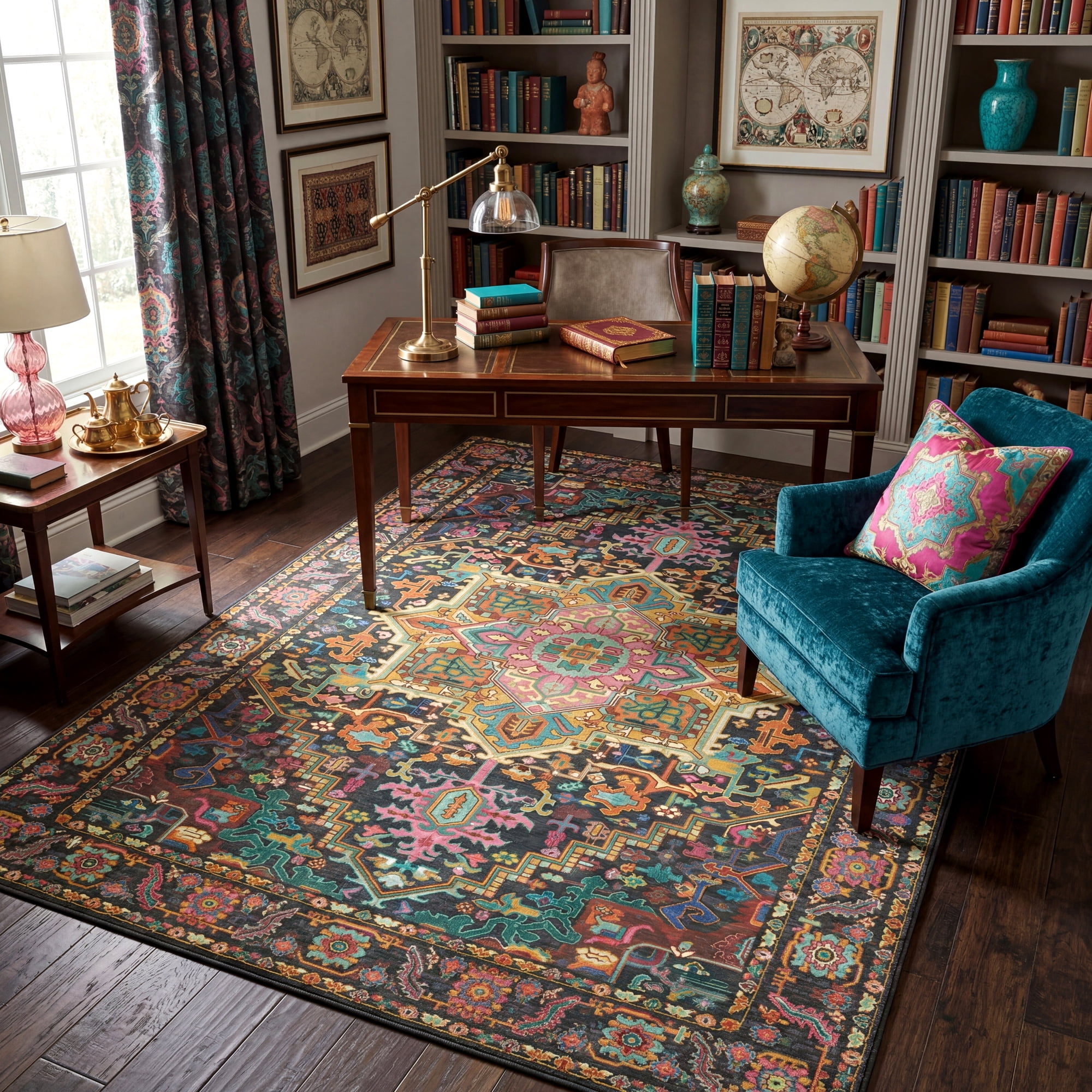 Kokia 6x9 Vintage Oriental Area Rug for living Room, Black and Pink Low Pile Stain Resistant Non-Slip Washable Rug for Bedroom with Distressed Medallion Pattern