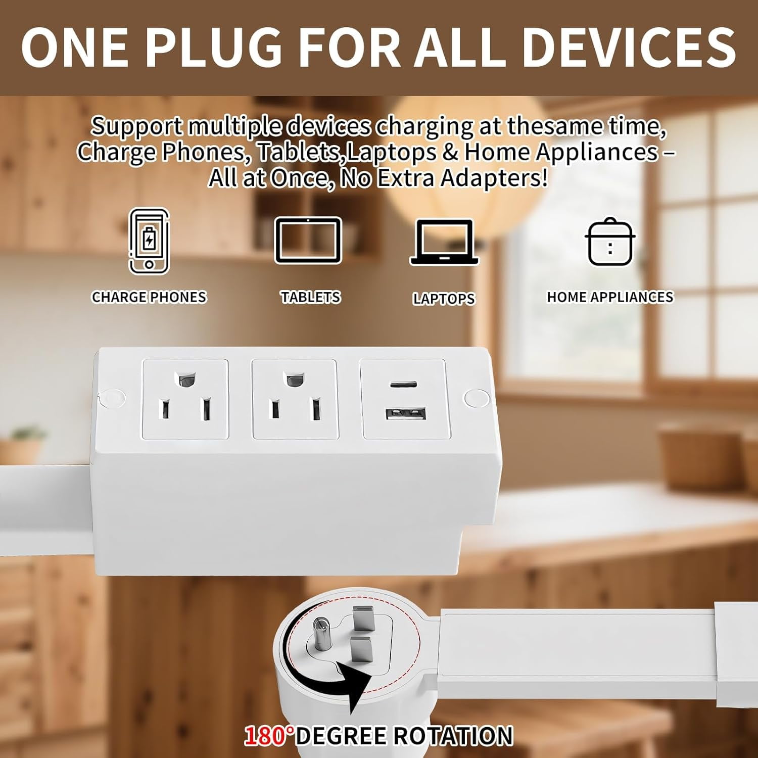 Outlet Extender Stick with Rotating Plug, Extendable 17"-27" Electrical Outlet with 2 AC Outlets/USB-A/USB-C Port, Perfect for Behind Couches, Nightstand, Desk