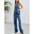 thumbnail image 4 of Women Two Piece Denim Set Button Down Backless Tank Top and Wide Leg Jeans 2 Piece Outfit Suits, 4 of 5
