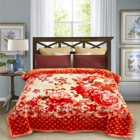 NC Fleece Bed Blanket Queen Orange Floral,2 Ply Thick Warm Plush Blanket,79" x 89",5.3lb