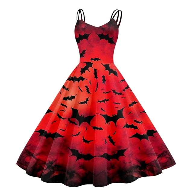 HNMKIU Femmes Halloween Imprimé Sans Manches Robe Rétro des Années 1950 pour Fête Bal Soirée Élégante Évasée Ligne A Tenue Rouge,TTG