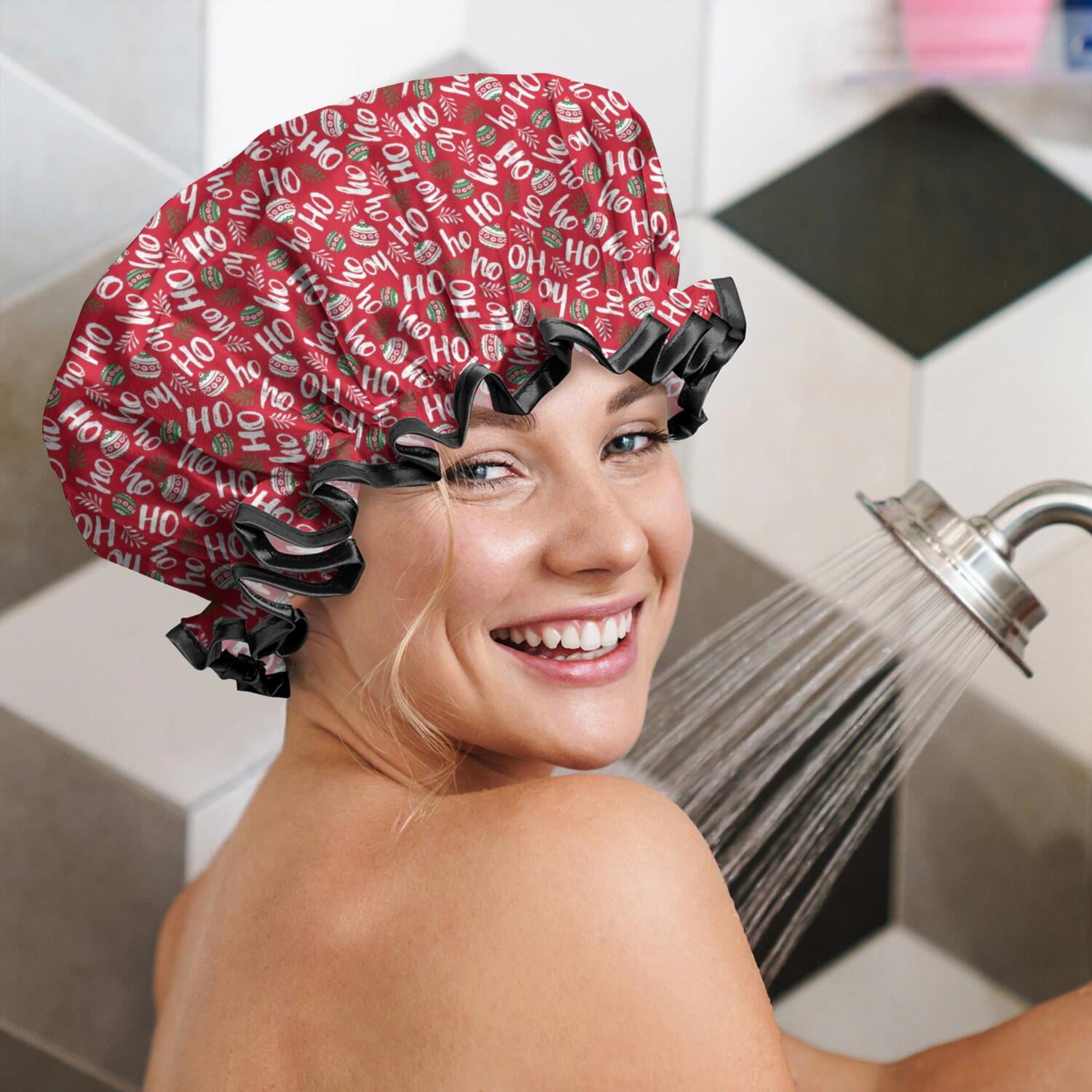 Shower Caps,Red Christmas HO Pattern Waterproof Shower Cap for Women 4 Pieces,Double Reusable Hair Cover for Shower PEVA Elastic Stretch Hem