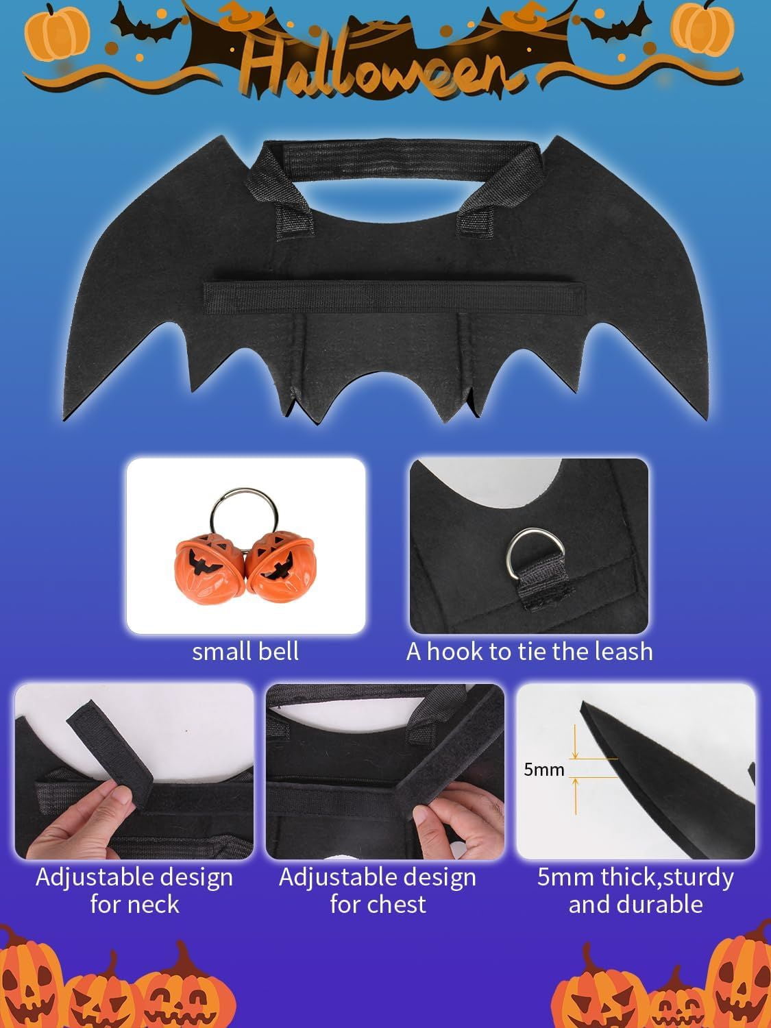 Pet Bat Wing Costume with Adjustable Velcro Straps for Dogs and Cats Halloween Party Cosplay