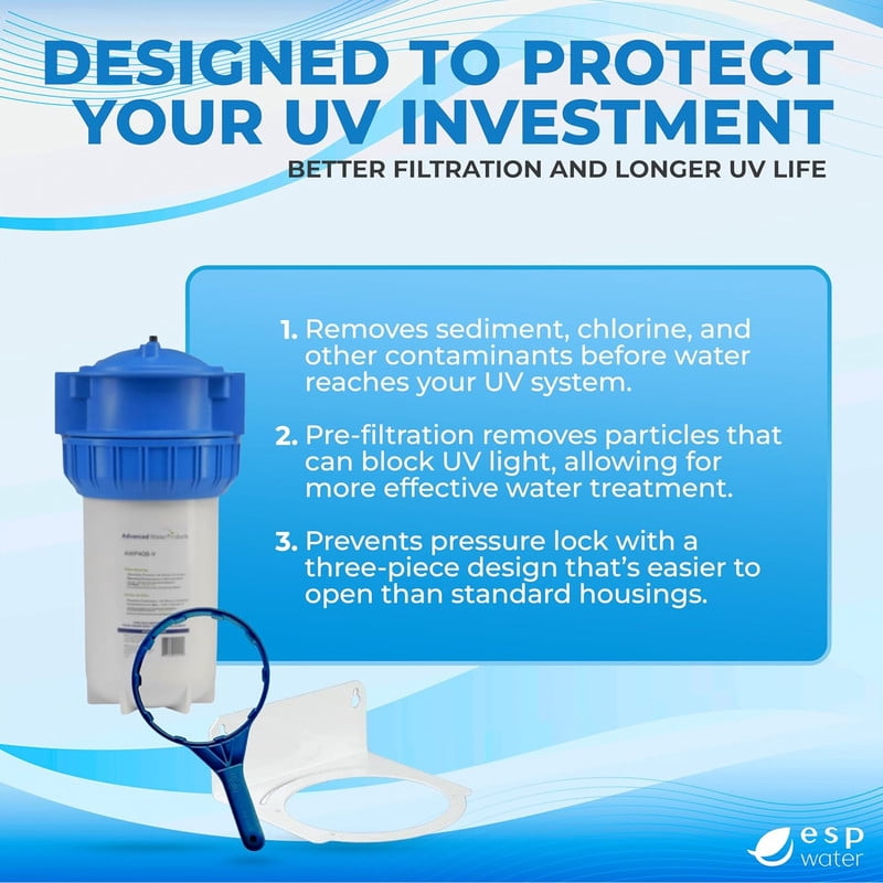 VIQUA AWP40B-V NSF 42 Certified 3-Piece High-Flow Whole House Pre-Filter Housing with Pressure Relief Valve, Mounting Bracket & Wrench 4.5 x 10 Inch, 1" FNPT, 20 GPM, UV Pre-Filtration