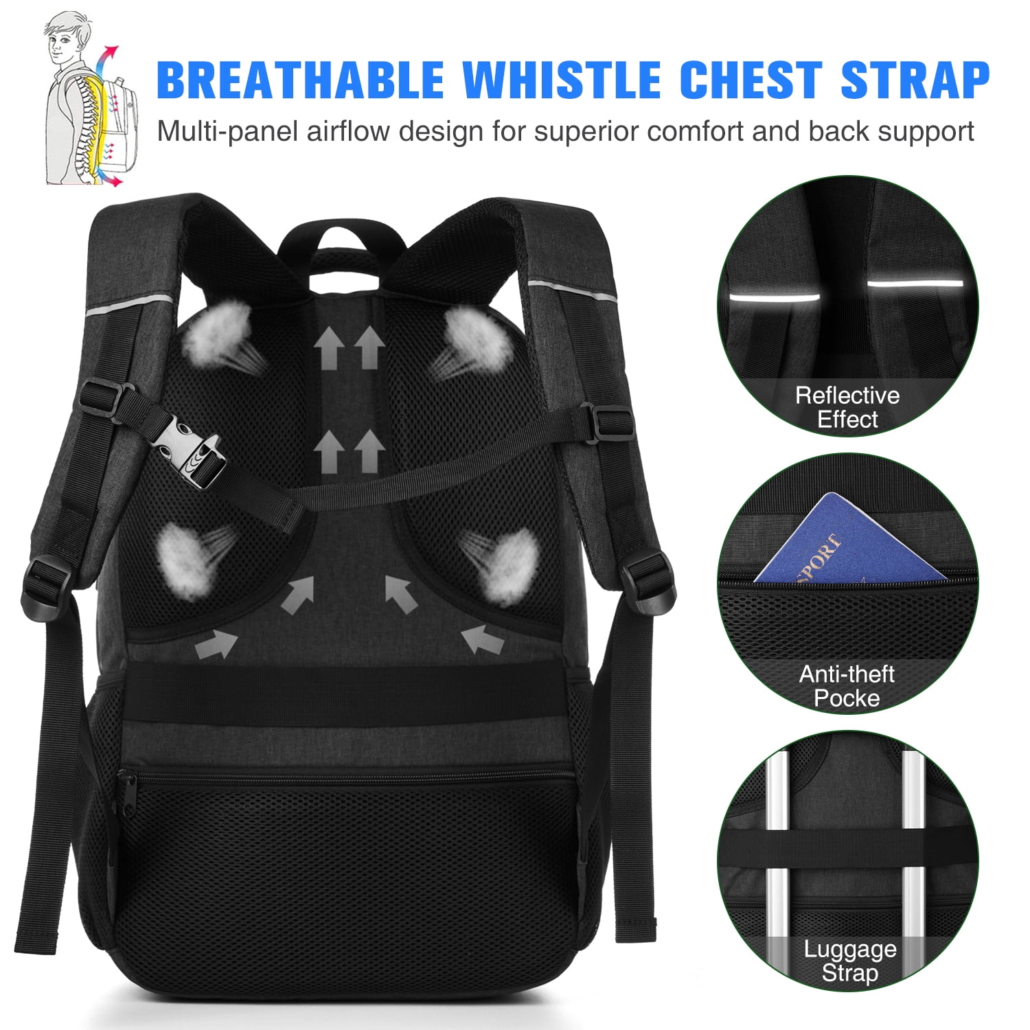 Black Backpack for Men ,School Bookbag for Teen Boys Laptop Backpack with USB for Collge Travel  Work Business