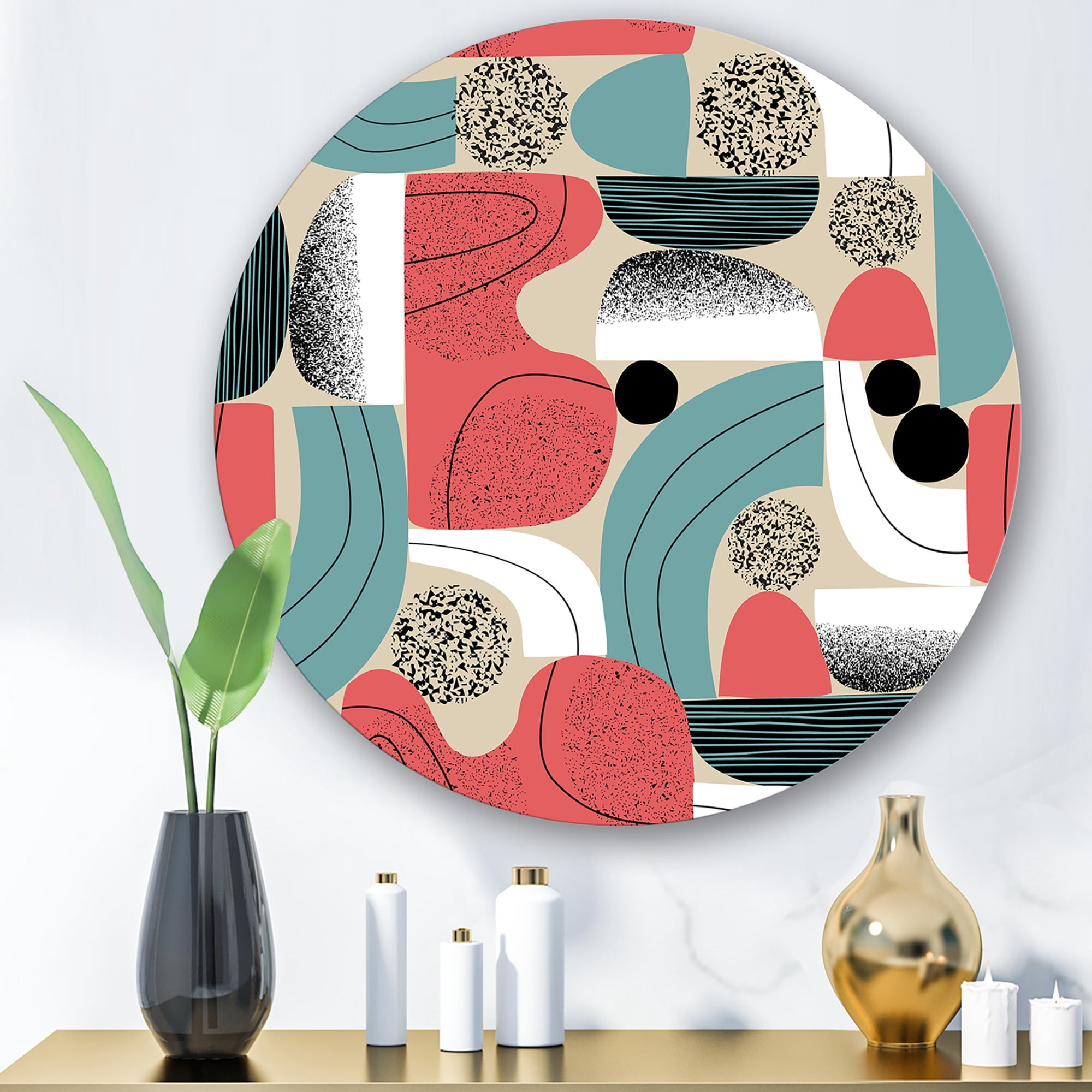 Designart 'Retro Shapes With Abstract Moons and Suns III' Modern Circle Metal Wall Art 11x11 - Disc of 11