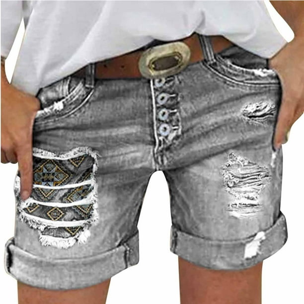 Puntoco Pantalones cortos de salón para mujer Pantalones cortos de mezclilla con botones de color liso a la moda de verano para mujer