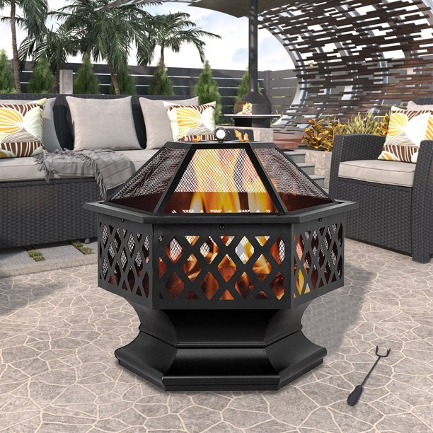 Outdoor Wood Burning Fire Pit, 24" Hexagon Metal Fire Pit for Patio