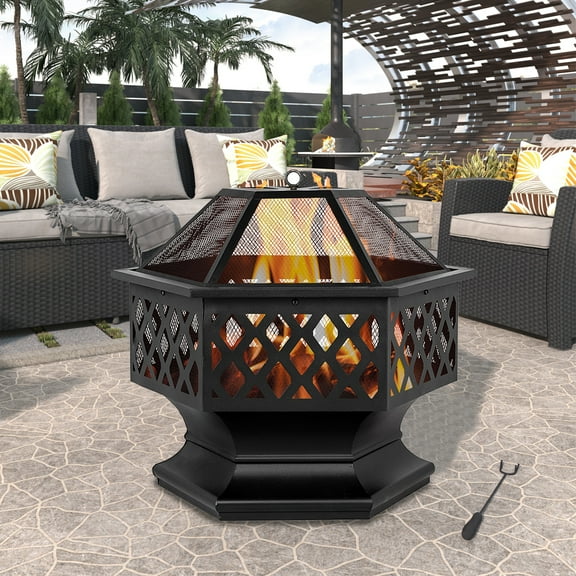 Outdoor Wood Burning Fire Pit, 24" Hexagon Metal Fire Pit for Patio with Poker, Spark Screen, Hex Shaped Fire Pit BBQ Grill, Garden Firepit Stove for Camping Picnic Bonfire Backyard, JA2419