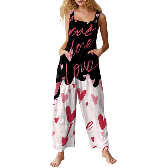 Fgvctg Valentine's Day Jumpsuits for Women Overalls Wide Leg Pant Date Night Spaghetti Straps Dressy Love Heart Print Jumpsuits Sleeveless Bib Overalls Sprimg Romper Clothes With Pockets Dark Gray M