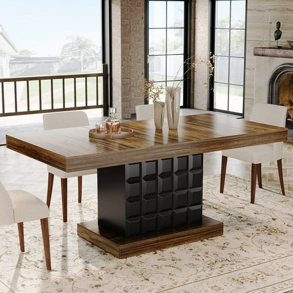 Tribesigns 63'' Farmhouse Wooden Dining Table with Geometric Pedestal Base, Rectangular Table for 4-6 People, Brown and Black