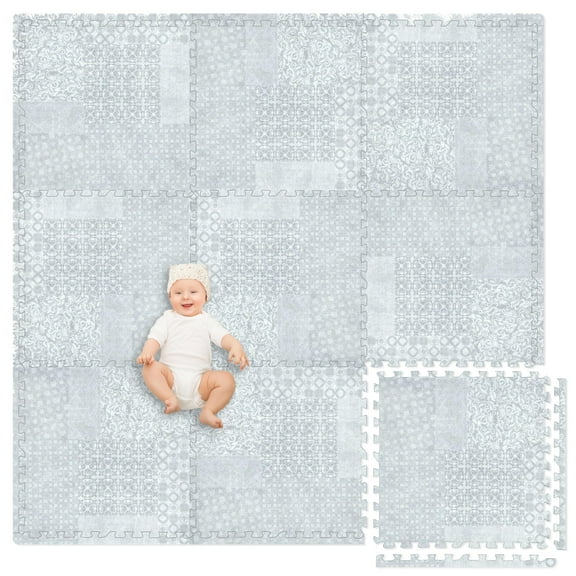 Play Platoon Large Baby Play Mat for Floor 9 Tile 72 x 72 in - Extra-Thick Interlocking Foam Tiles 24 x 24 in - Soft Puzzle Mats for Playroom - Neutral Playmat Rug - Grey, Boho Modern