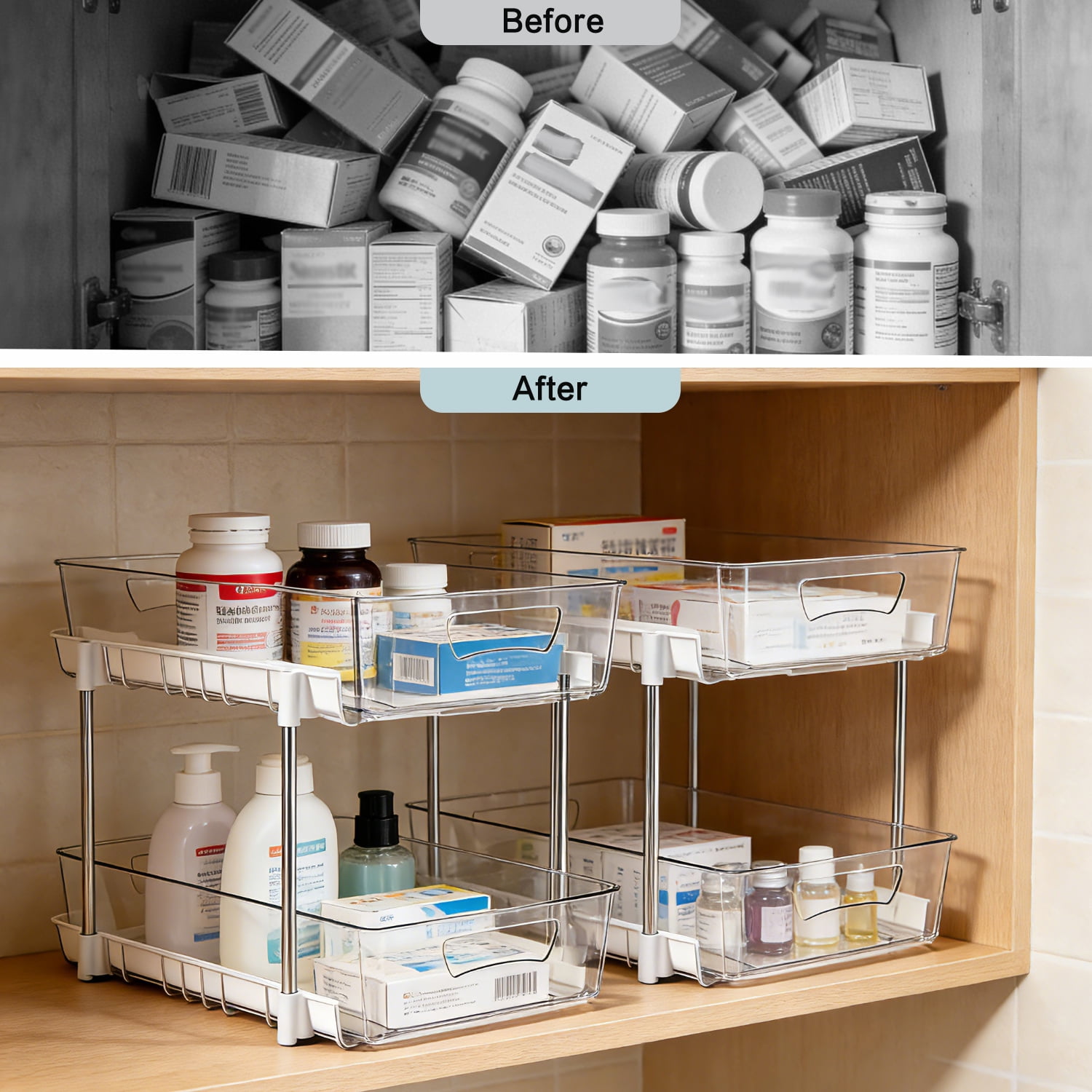 4 Pack Bathroom Organizer, 2 Tier Under Sink Organizers Vanity Countertop Storage Container, Kitchen Cabinet Drawers Bins, Pull-Out Organization for Pantry, Spice, White & Clear