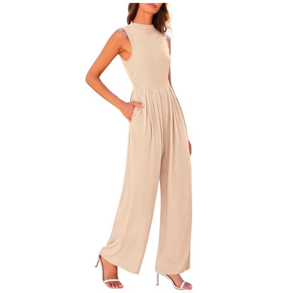SRZYMJ Athletic Women's Jumpsuit Stylish Women's Jumpsuit High Neck Sleeveless Design Wide Leg Pants With Deep Pockets Summer Outfit Comfortable Flowy