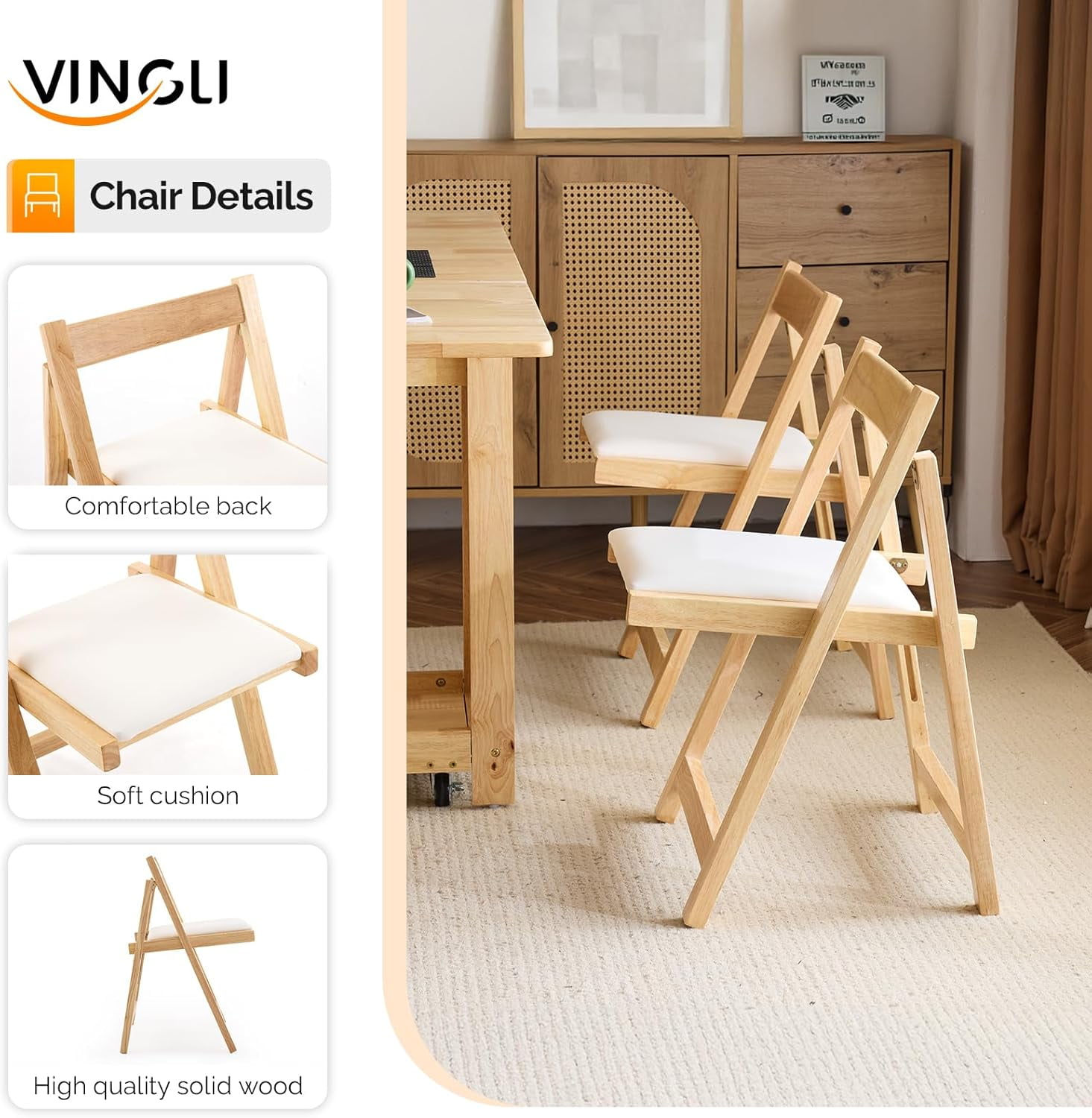 VINGLI Folding Dining Table Extendable Drop Leaf Foldable Table 5 Piece with 4 Chairs 2 Drawers and Wheels for Kitchen Space Saving，Natural