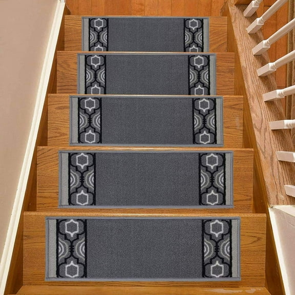 Stair Treads Skid Slip Resistant Backing Indoor Carpet Stair Treads Trellis Border Design 8  inch x 26  inch (Set of 13, Gr